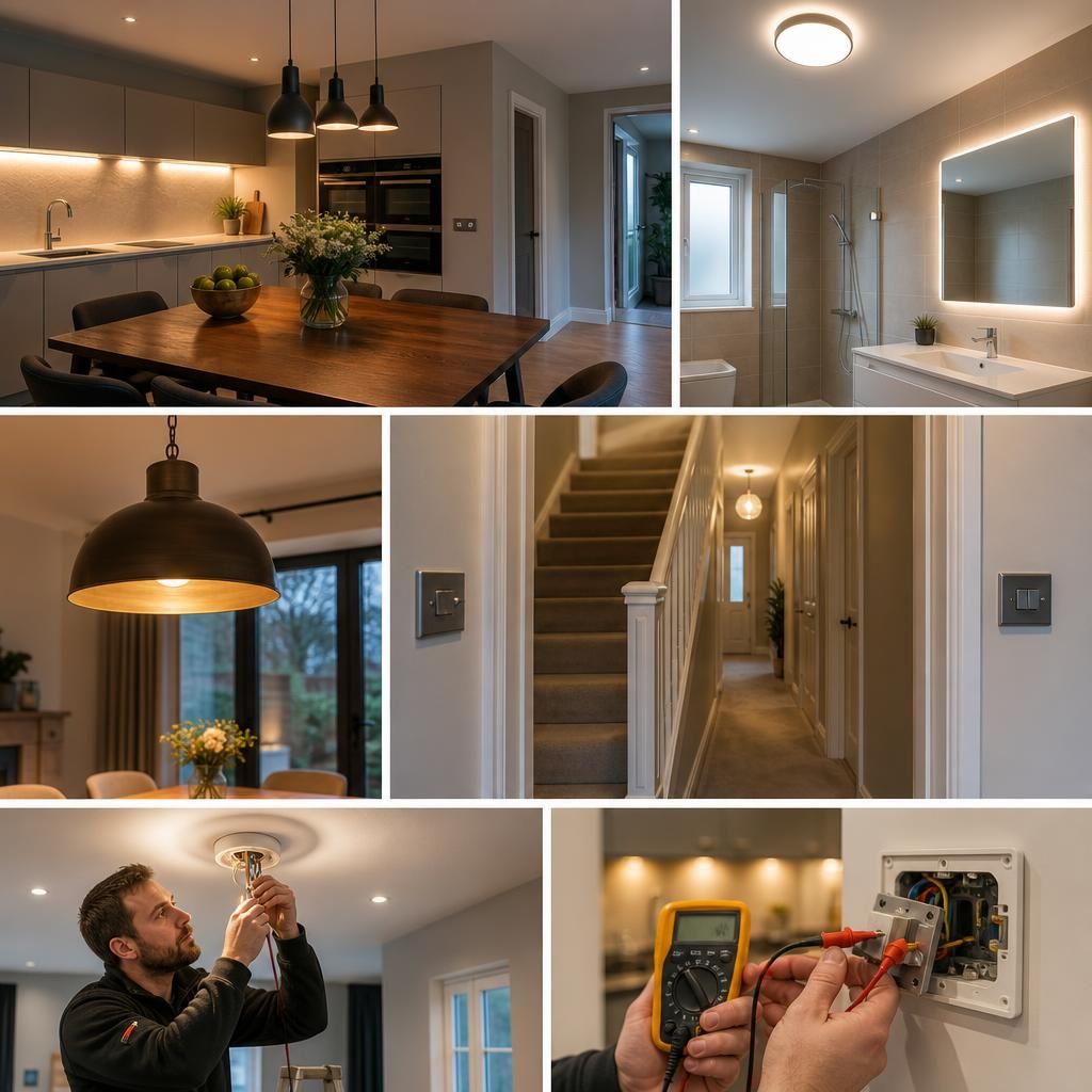 Bathroom ceiling light and illuminated mirror installed in a home