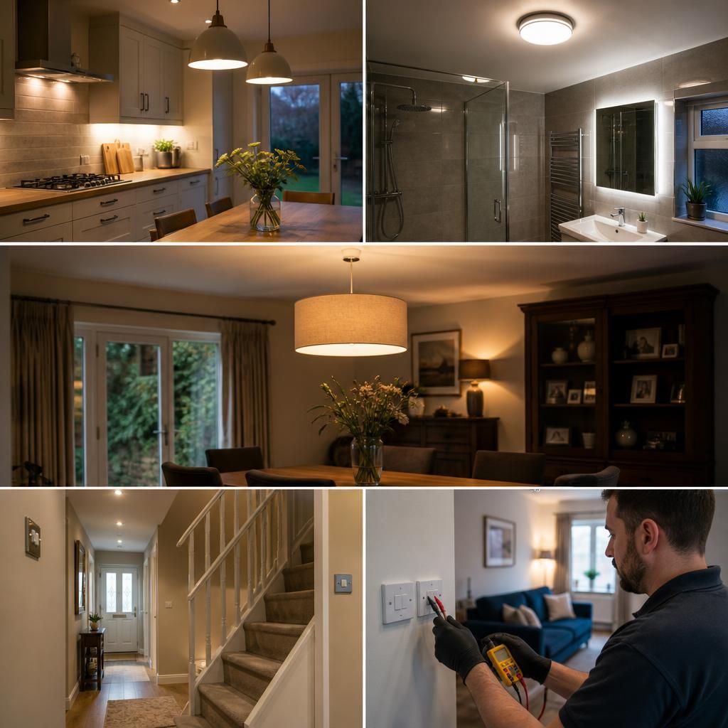 Electrician testing newly installed home lighting and switches
