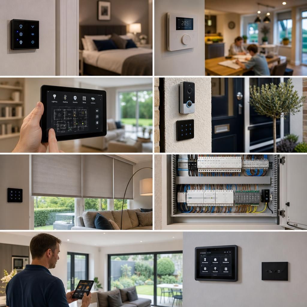 Smart blinds and lighting controls in a living room