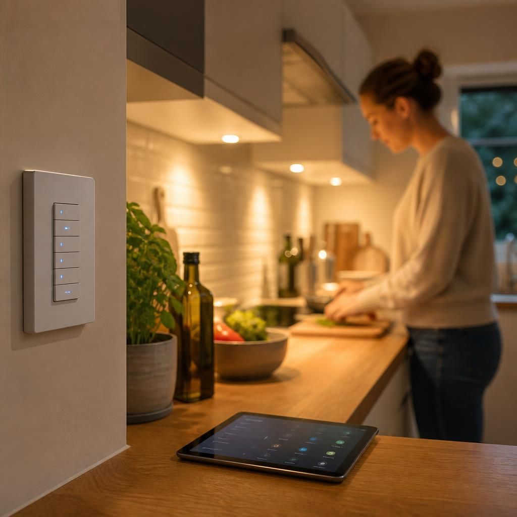 Electrician testing smart lighting controls