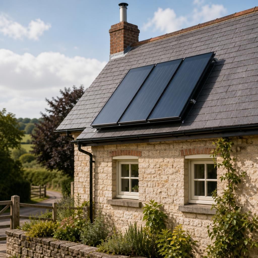 Solar thermal collectors installed on a pitched roof beside an existing boiler flue