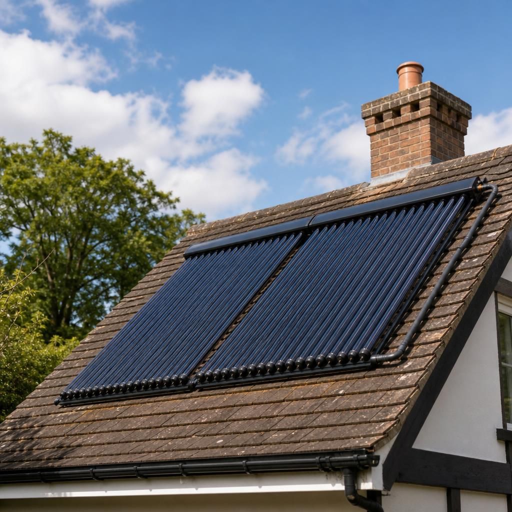 Solar thermal panels fitted to the roof of a rural house