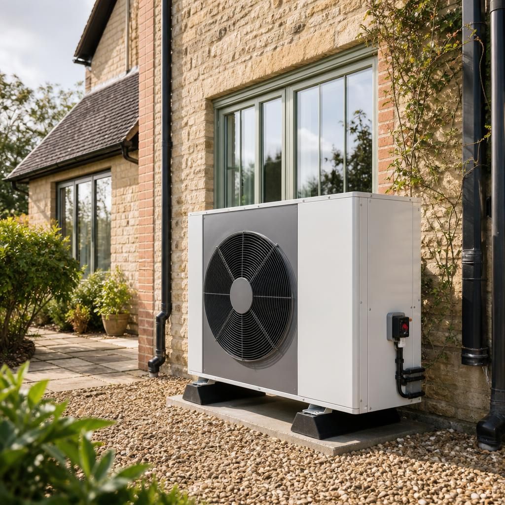 Air source heat pump installed beside a rural home