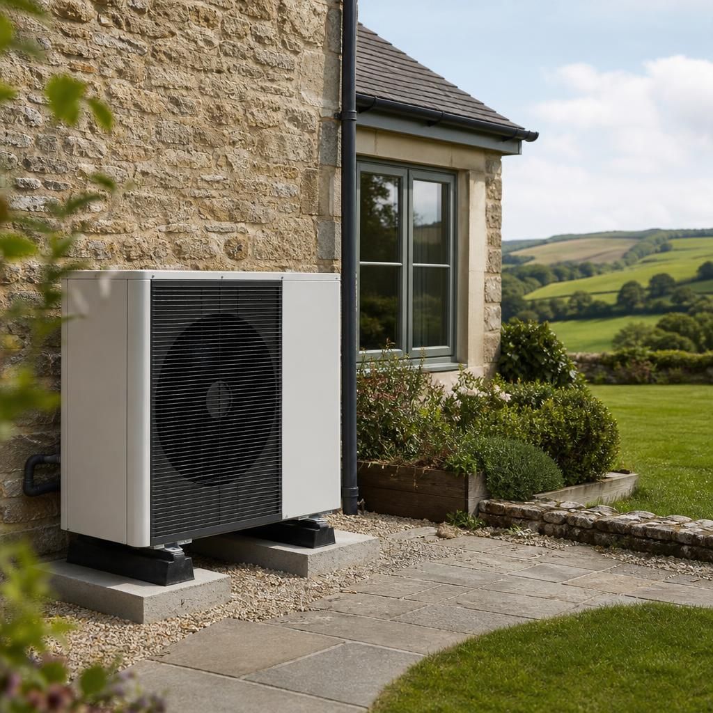 Air source heat pump positioned discreetly beside a house