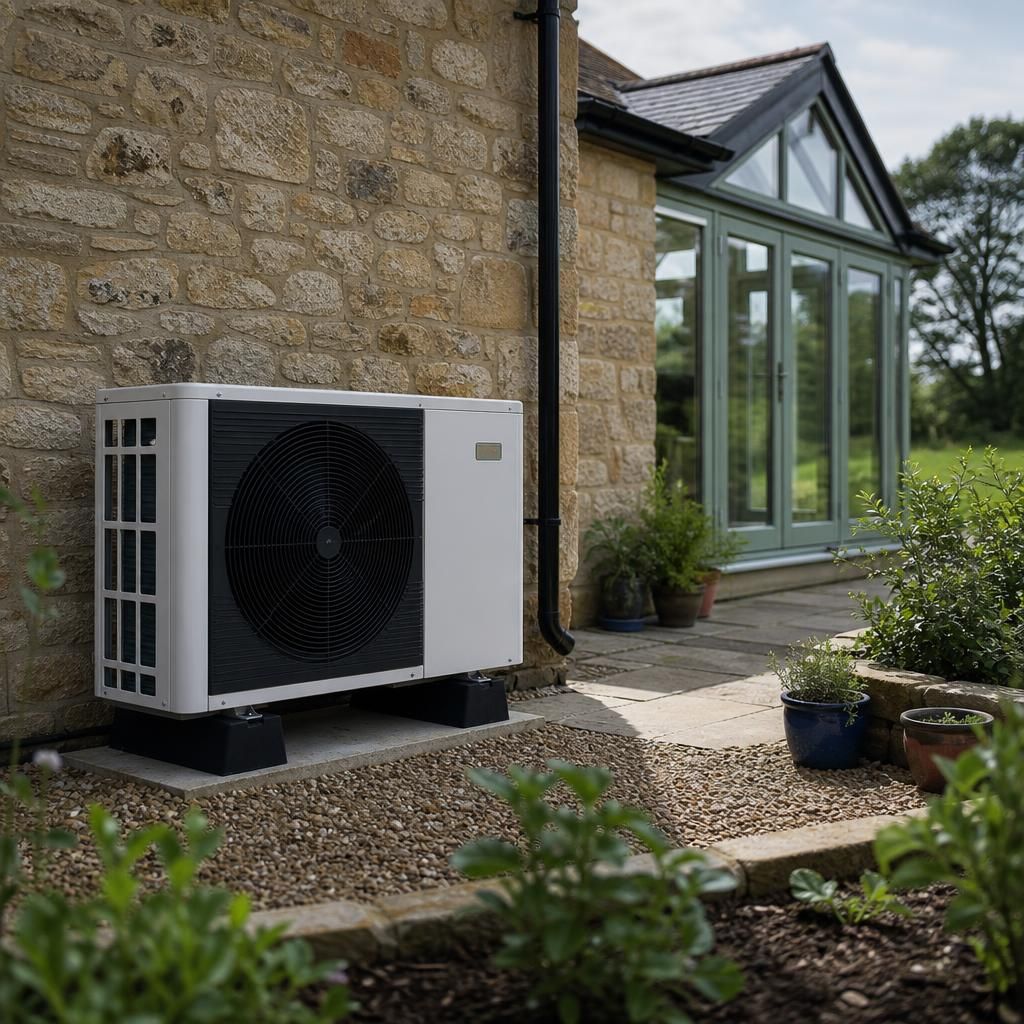 Engineer completing electrical connections for an air source heat pump