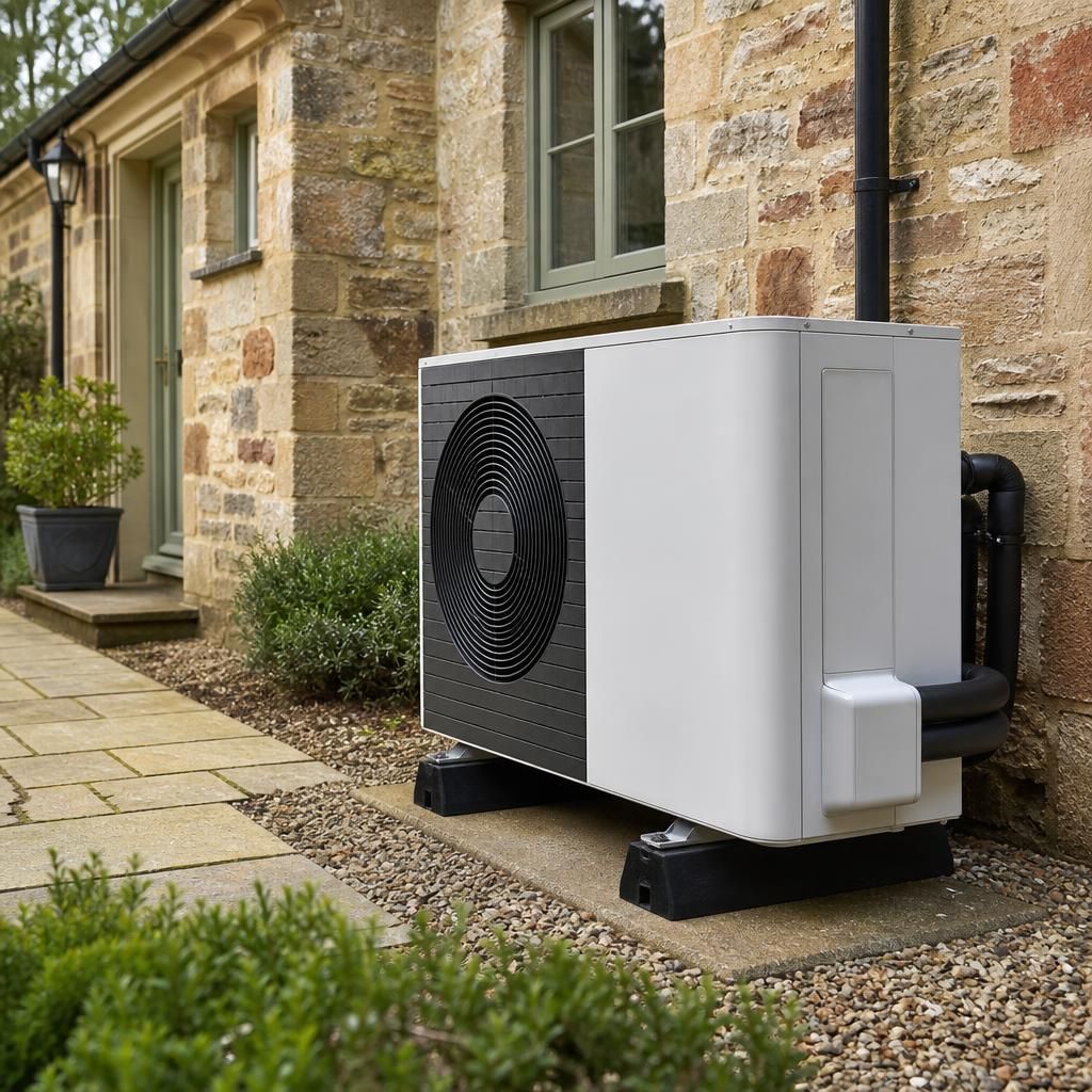 Completed air source heat pump installation with pipework finished neatly