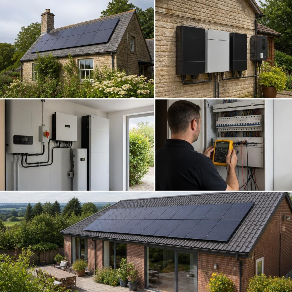 Home solar panels and battery storage installed for household electricity use