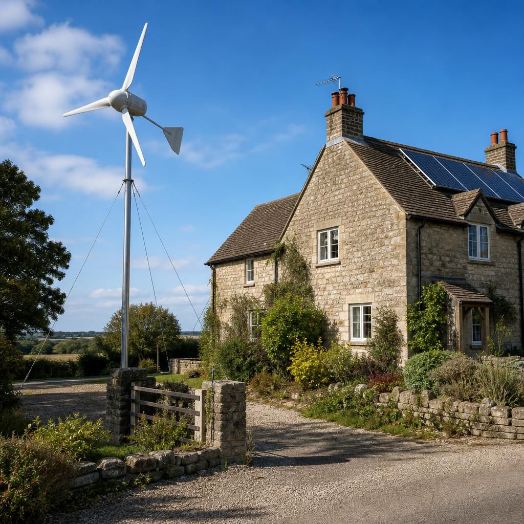 Rural home with a small domestic wind turbine beside the property