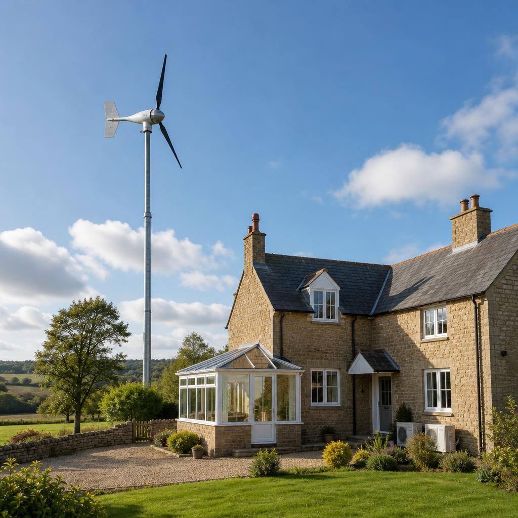 Homeowner reviewing domestic wind turbine information after installation