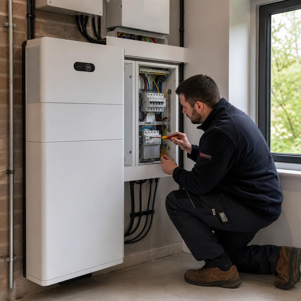 Electrician checking a consumer unit during a home battery installation