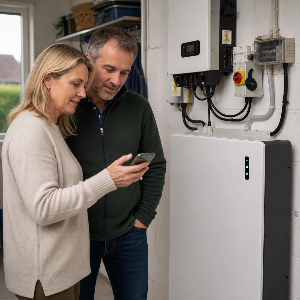 Homeowner reviewing solar battery energy data on a mobile phone