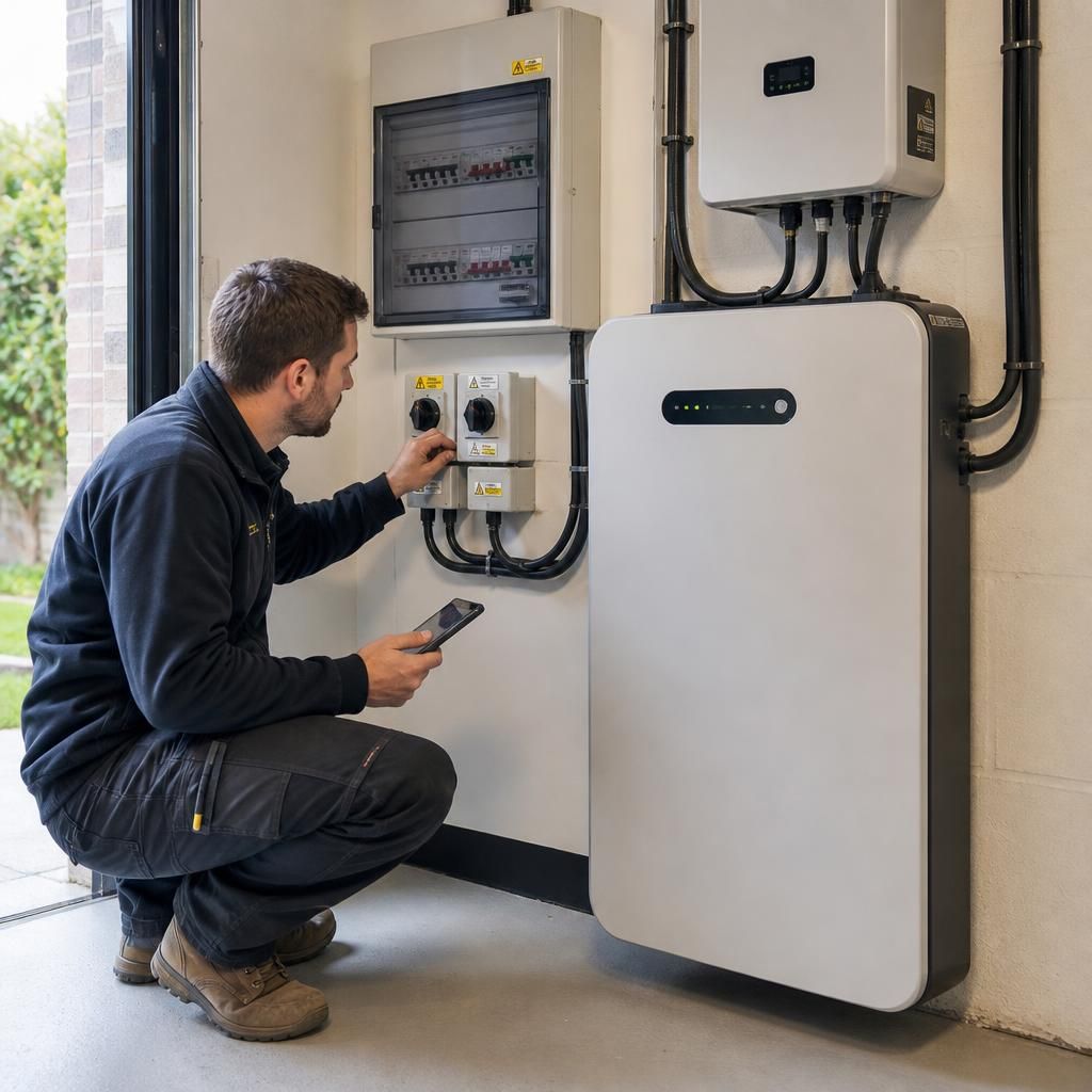 Wall-mounted home battery installed neatly beside an existing electrical system