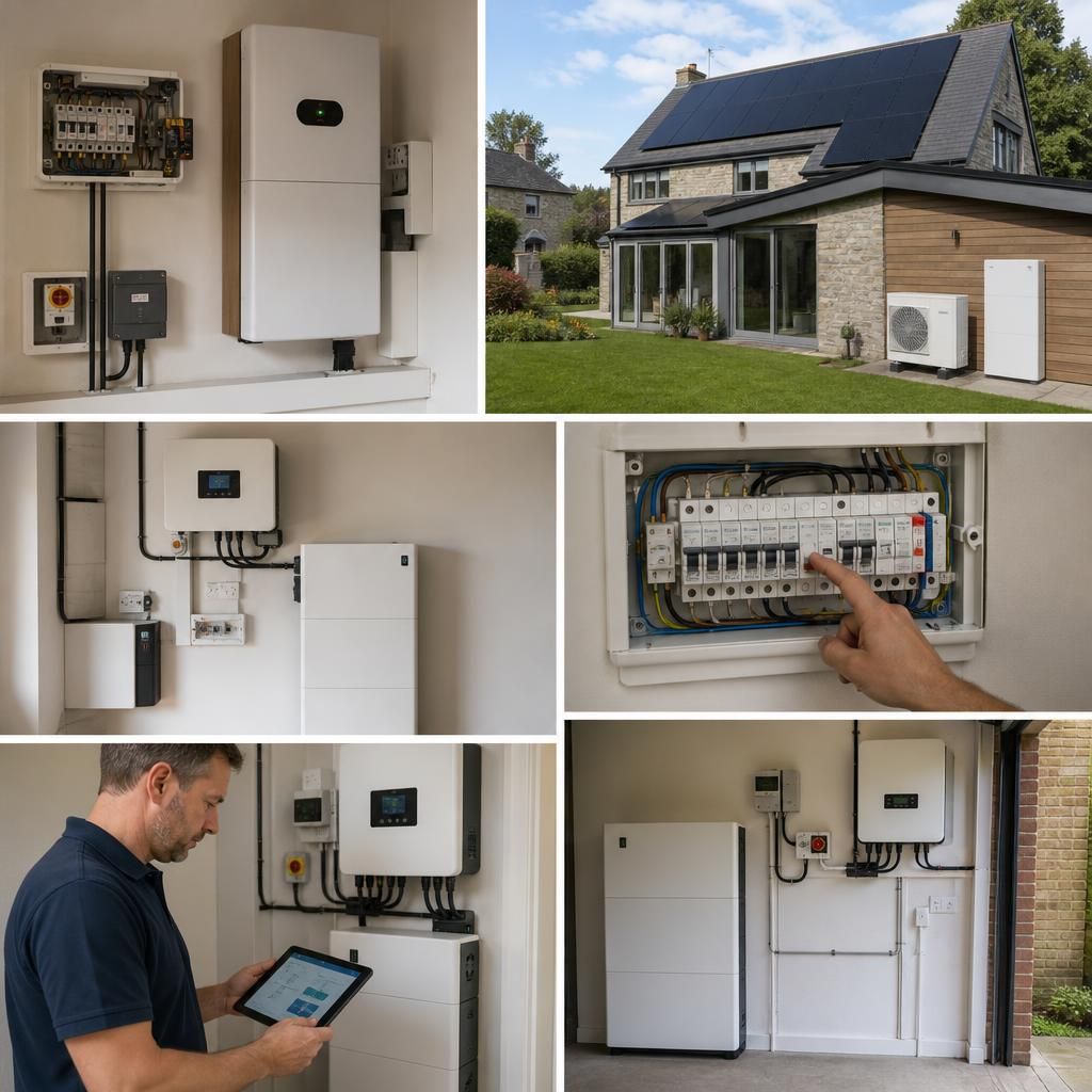 Electrician testing a solar battery backup installation in a domestic property