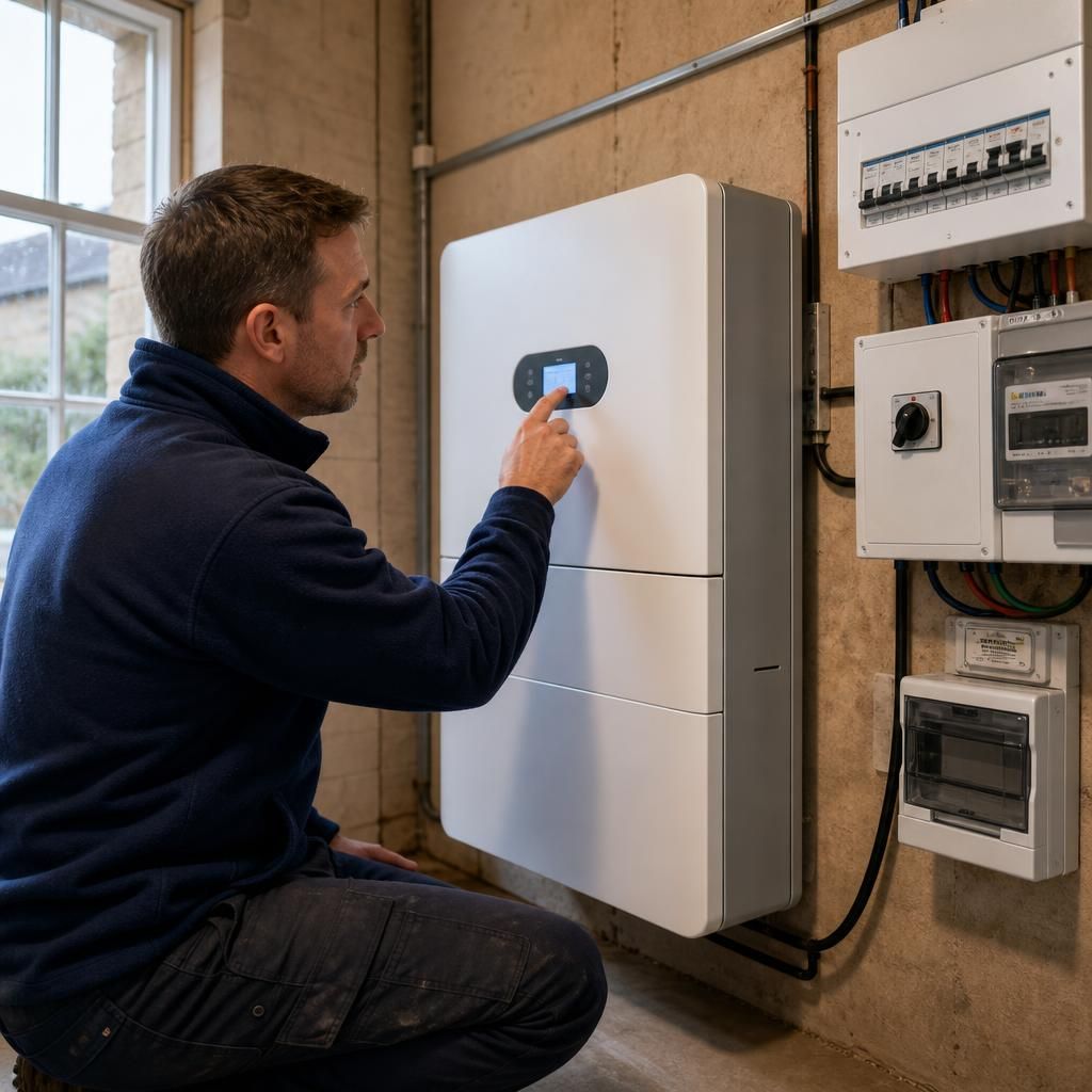 Completed solar battery installation with clear equipment labels