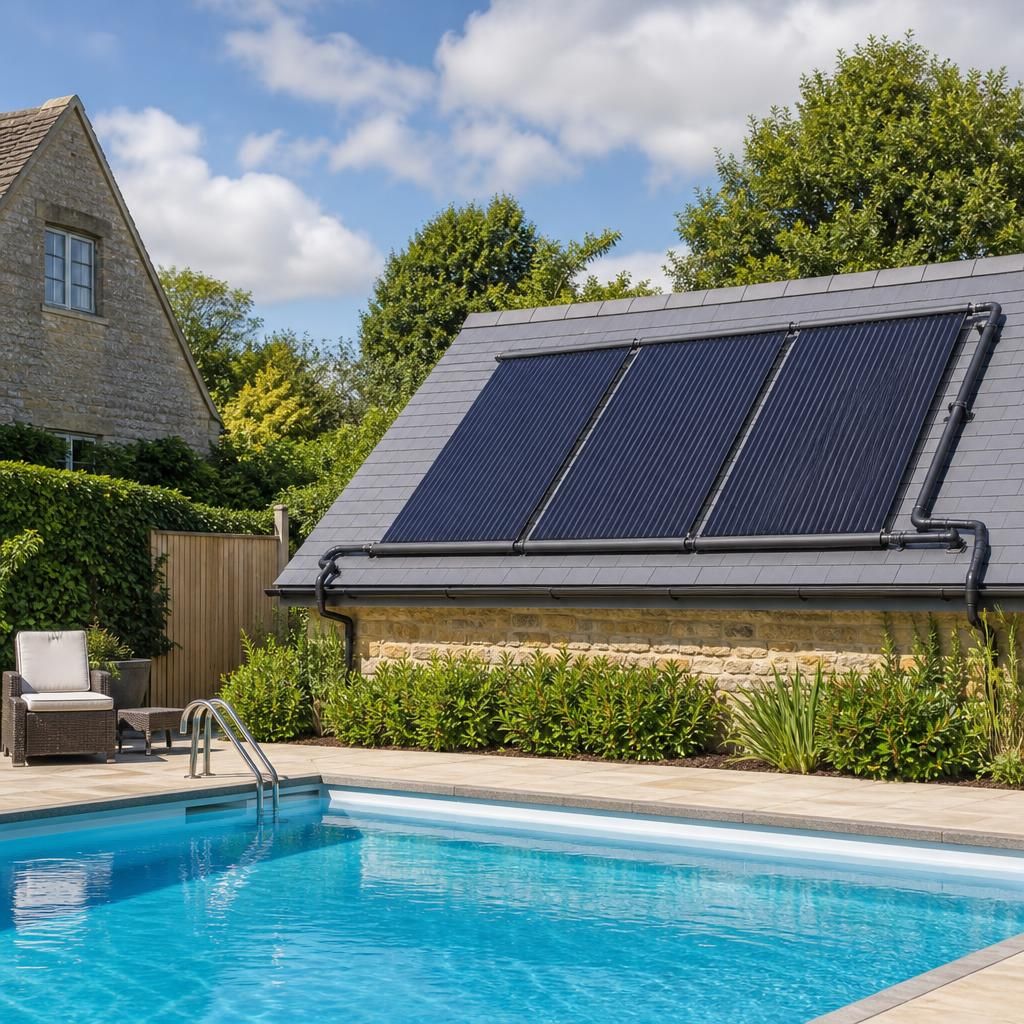 Solar pool heating panels installed beside a domestic swimming pool