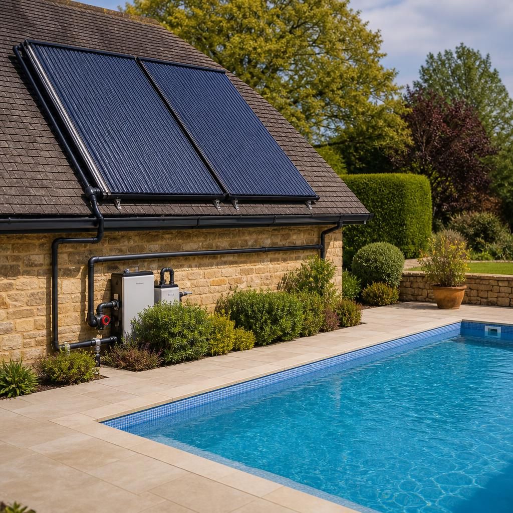Insulated solar pool heating pipework connected to pool plant equipment