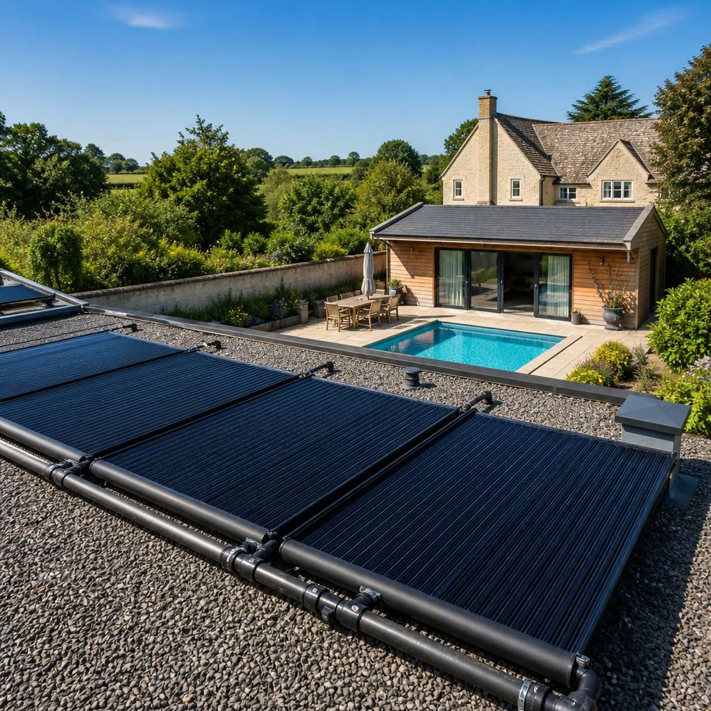 Solar pool heating installation on a roof overlooking a garden pool