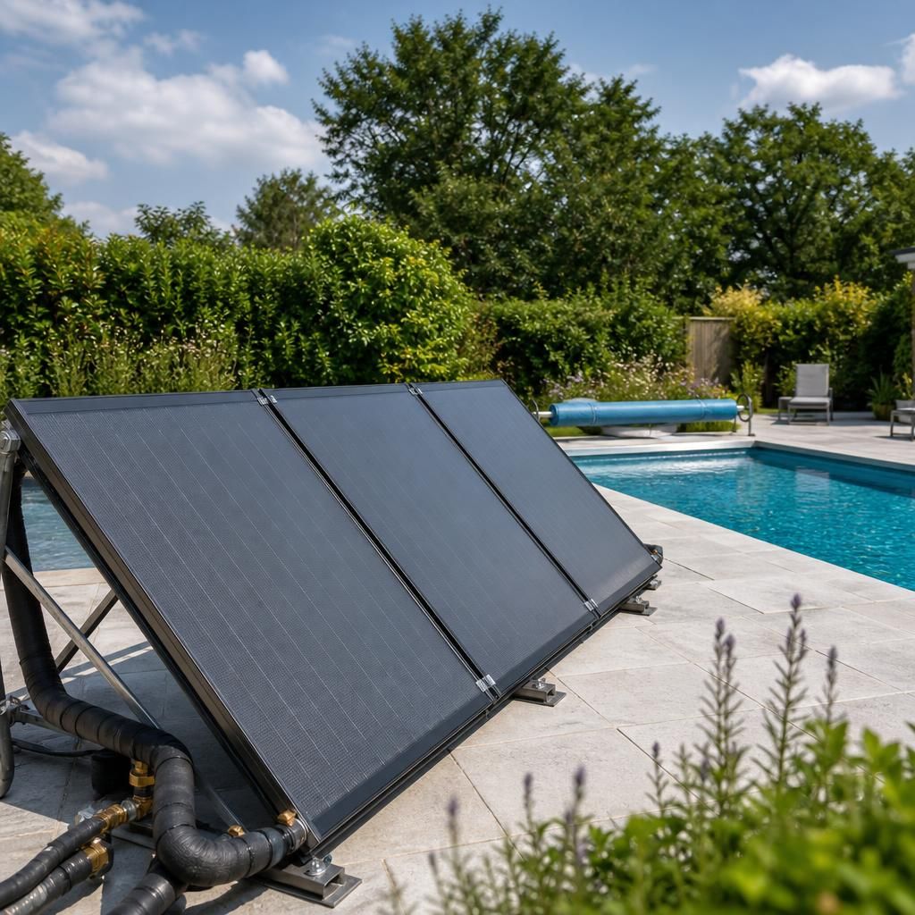 Engineer inspecting solar pool heating connections beside a swimming pool